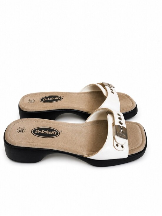 Shoes - Dr. Scholl’s White Buckle Slide Sandals Rivet Comfort Low Heel 6.5